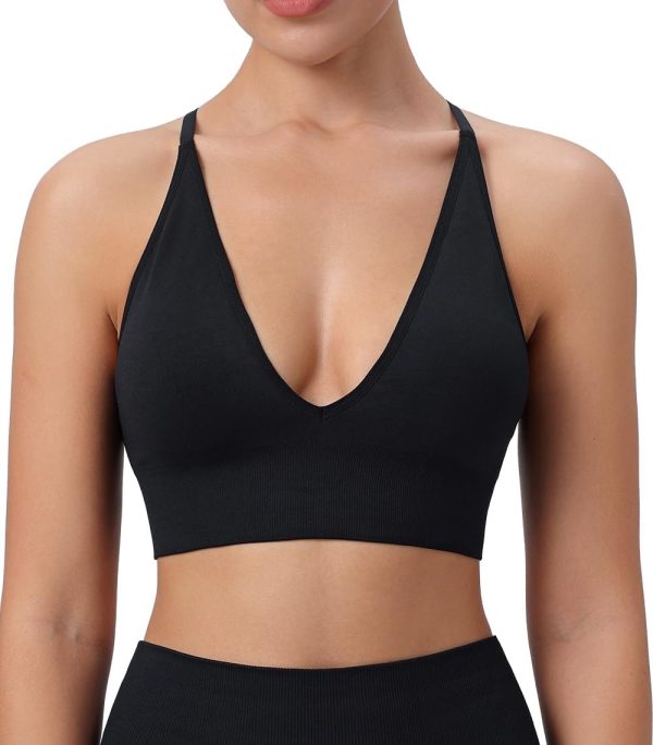 Womens Deep V-Neck Longline Sports Bra, Strappy Criss Cross Padded Cups Adjustable Spaghetti Straps Workout Yoga Crop Top