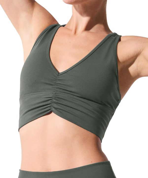 Womens Y Back Sports Bra - Wireless Padded Ruched V Neck Workout Gym Yoga Crop Top