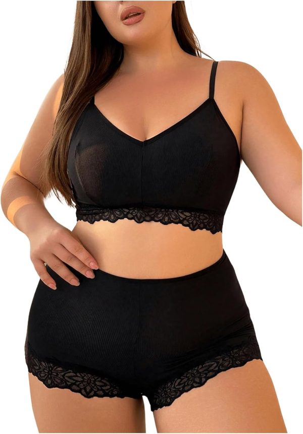 Women Plus Size Contrast Lace Sexy Lingerie Set V Neck Wireless Bra and High Waist Panty 2 Piece Set
