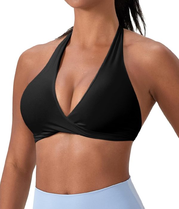 Halter Sports Bras for Women Padded Yoga Bra Low Impact Gym Workout Bra Tops Open Back  Front V-Neck Everyday Bra