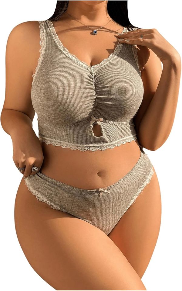 Women Plus Size Bow Lace Bralette Lingerie Set bra and panty sets