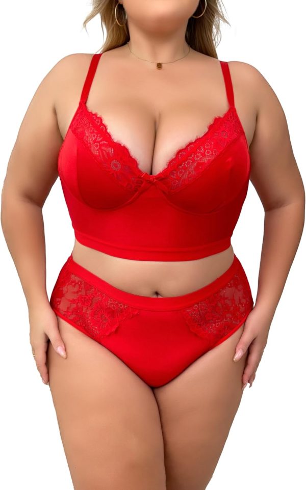 Women Plus Size 2 Piece Lingerie Set Floral Sexy Mesh Sheer V Neck 3/4 Cup Lace Outfits See Through Panty Bra